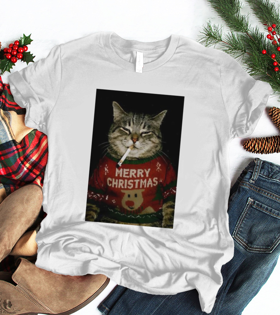 Merry Christmas Cat Smoking In Ugly Holiday Sweater With Reindeer T-Shirt