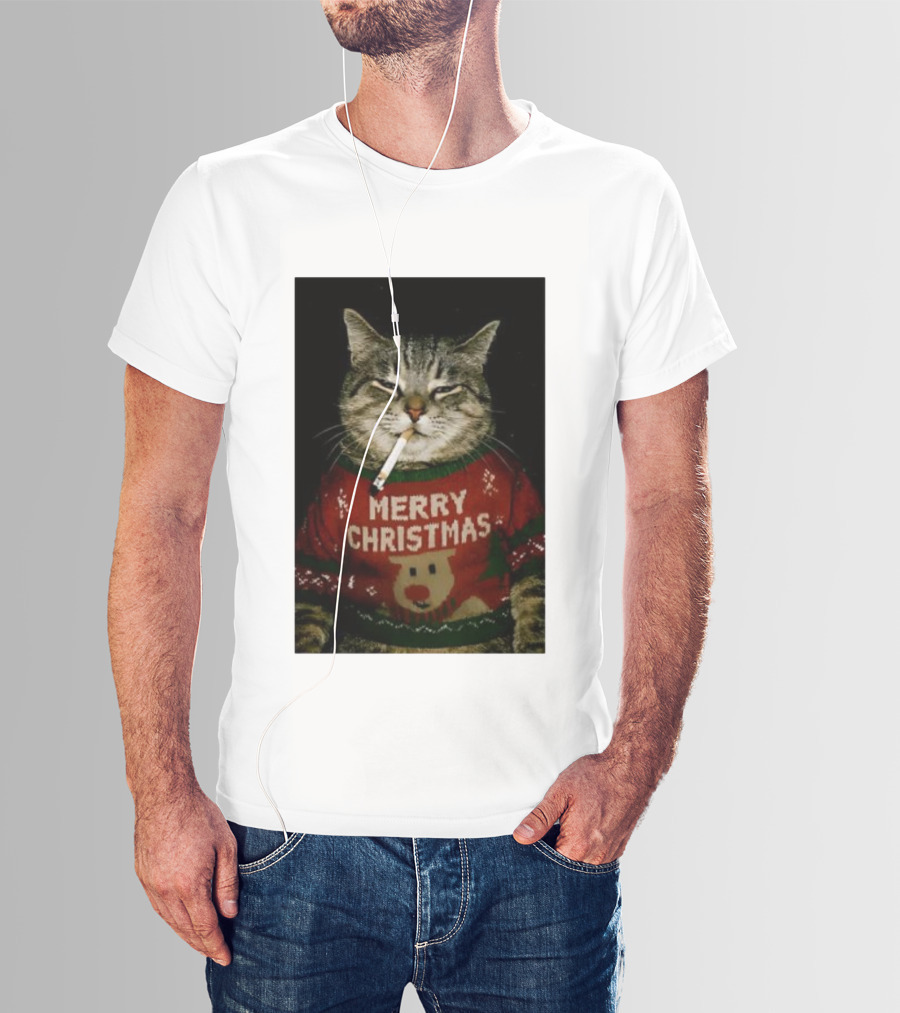 Merry Christmas Cat Smoking In Ugly Holiday Sweater With Reindeer T-Shirt