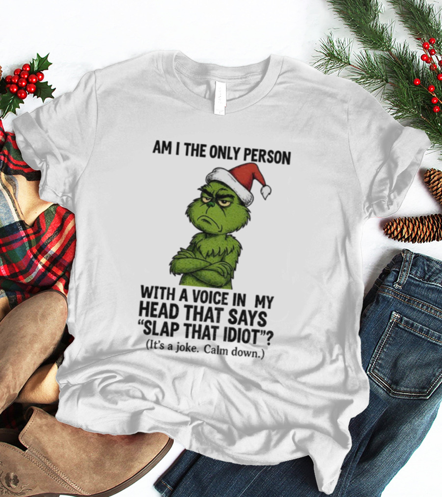 Grinch Santa Hat Am I The Only Person With A Voice In My Head That Says Slap That Idiot Christmas T-Shirt