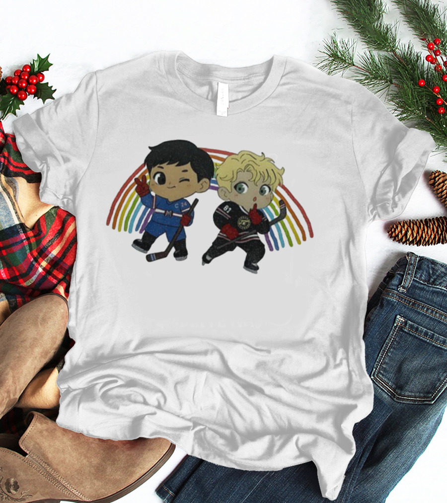 Hollanov Pride Heated Rivalry Chibi Hockey Players Rainbow T-Shirt