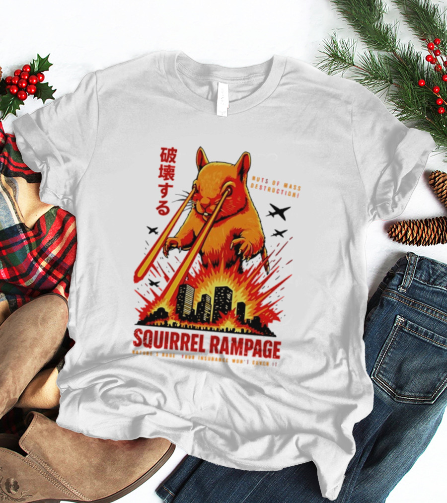 Squirrel Rampage Laser Eyes Skyline Destruction Nuts Of Mass Destruction T-Shirt