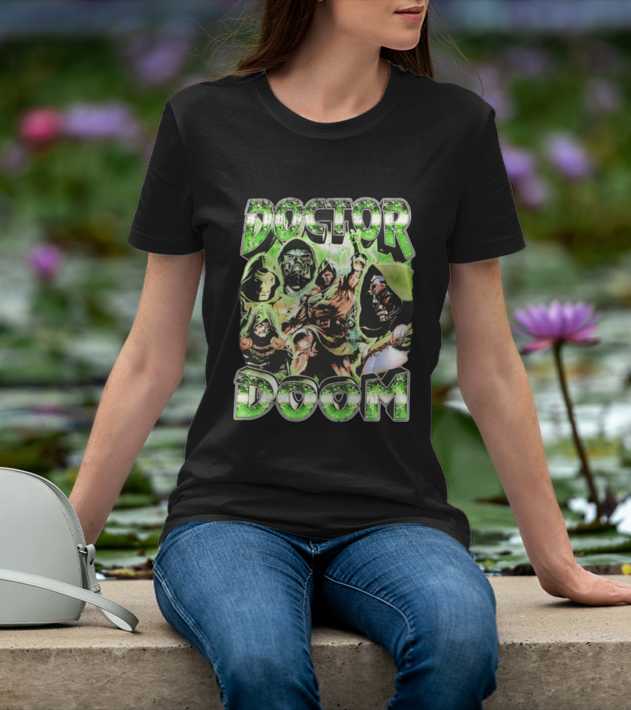 Doctor Doom 90s Bootleg Rap Vintage Style Green Comic Collage T-Shirt