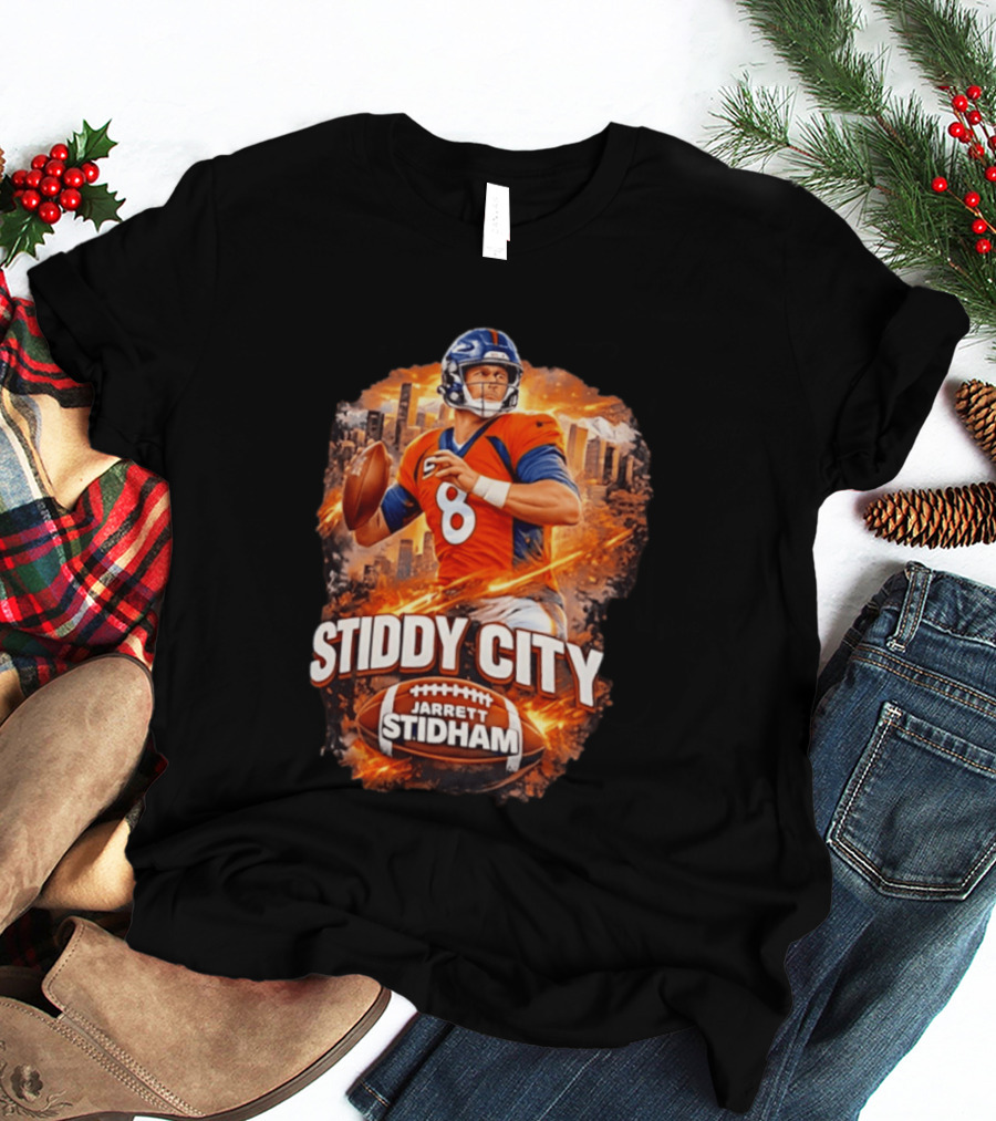 Stiddy City Jarrett Stidham Denver Broncos Quarterback 8 Urban Skyline Football T-Shirt