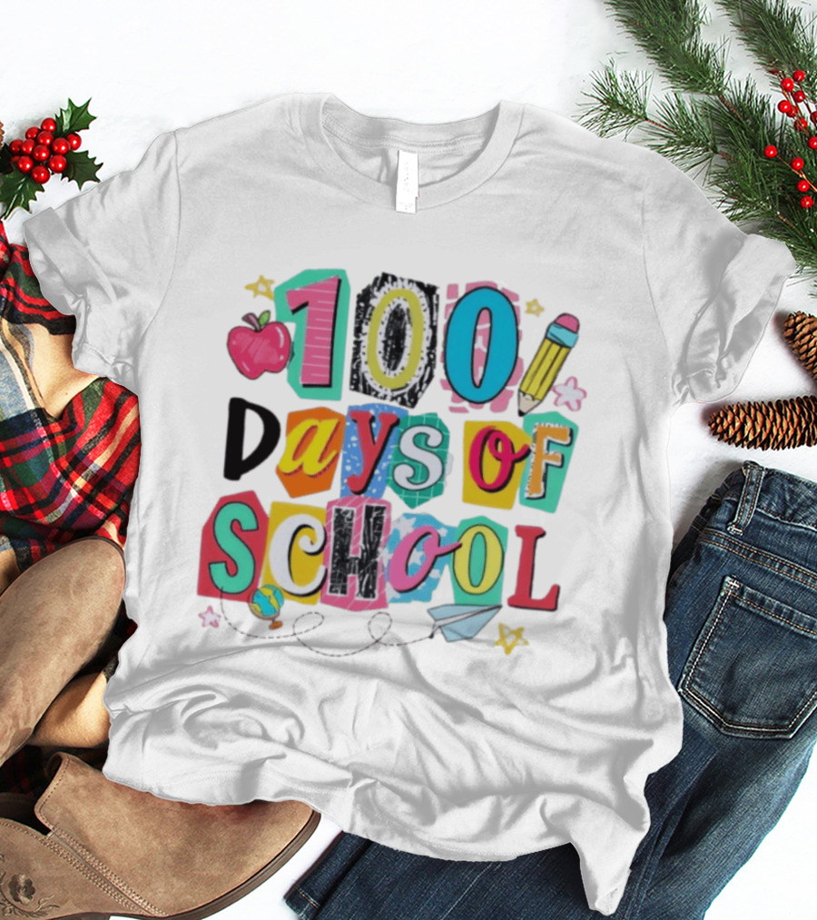 100 Days Of School Celebration Apple Pencil Stars Paper Plane Classroom T-Shirt