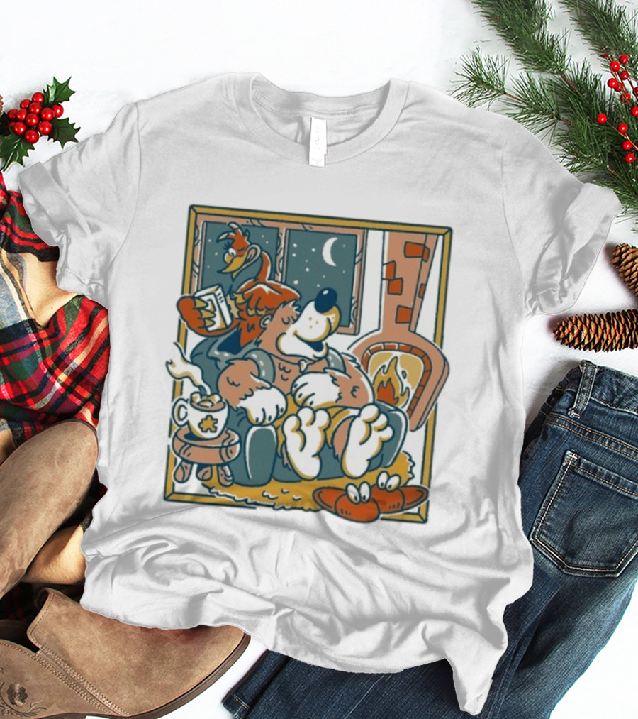 Henrique Torres Nighty Night Cozy Bear By The Fireplace With Duck And Coffee T-Shirt