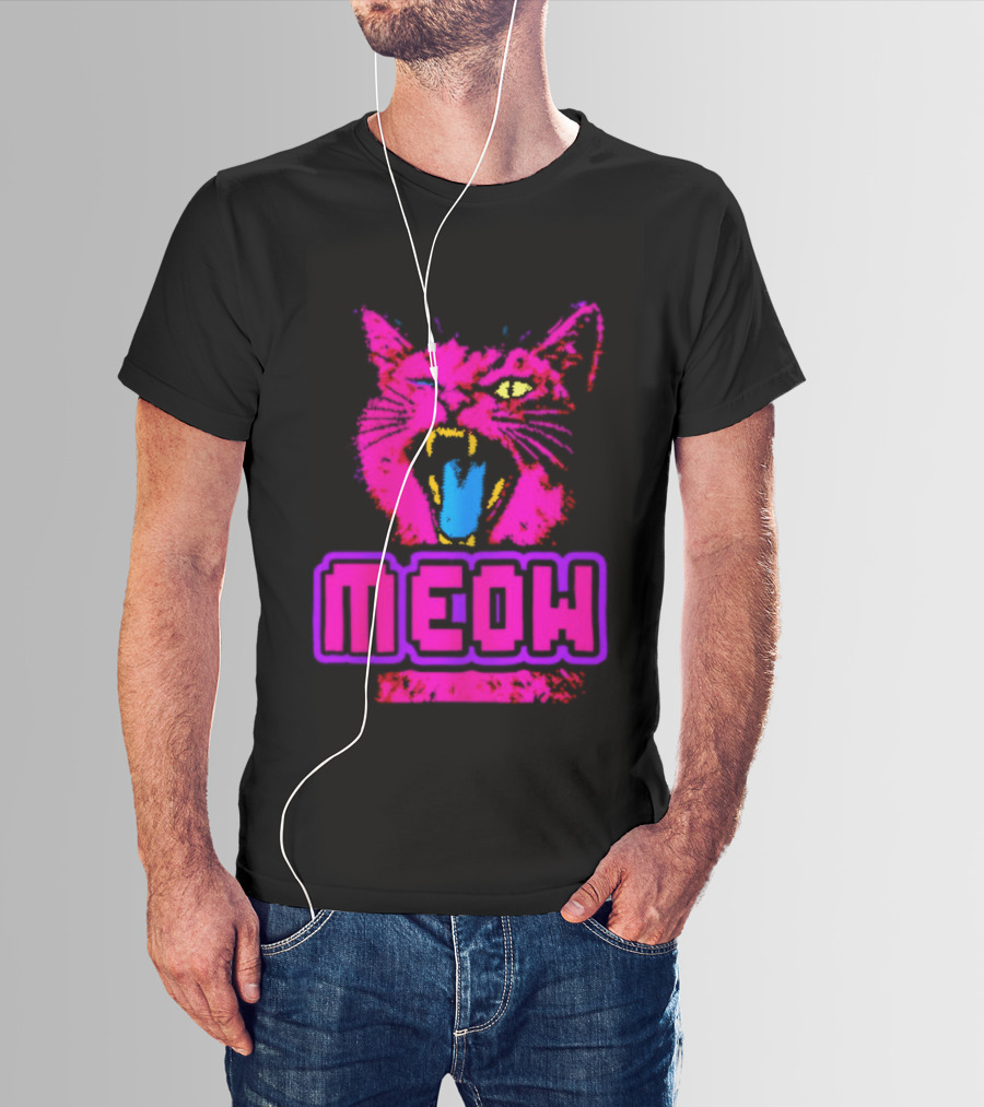 Neon Pink Angry Cat MEOW Cyberpunk Aesthetic Retro Futuristic T-Shirt