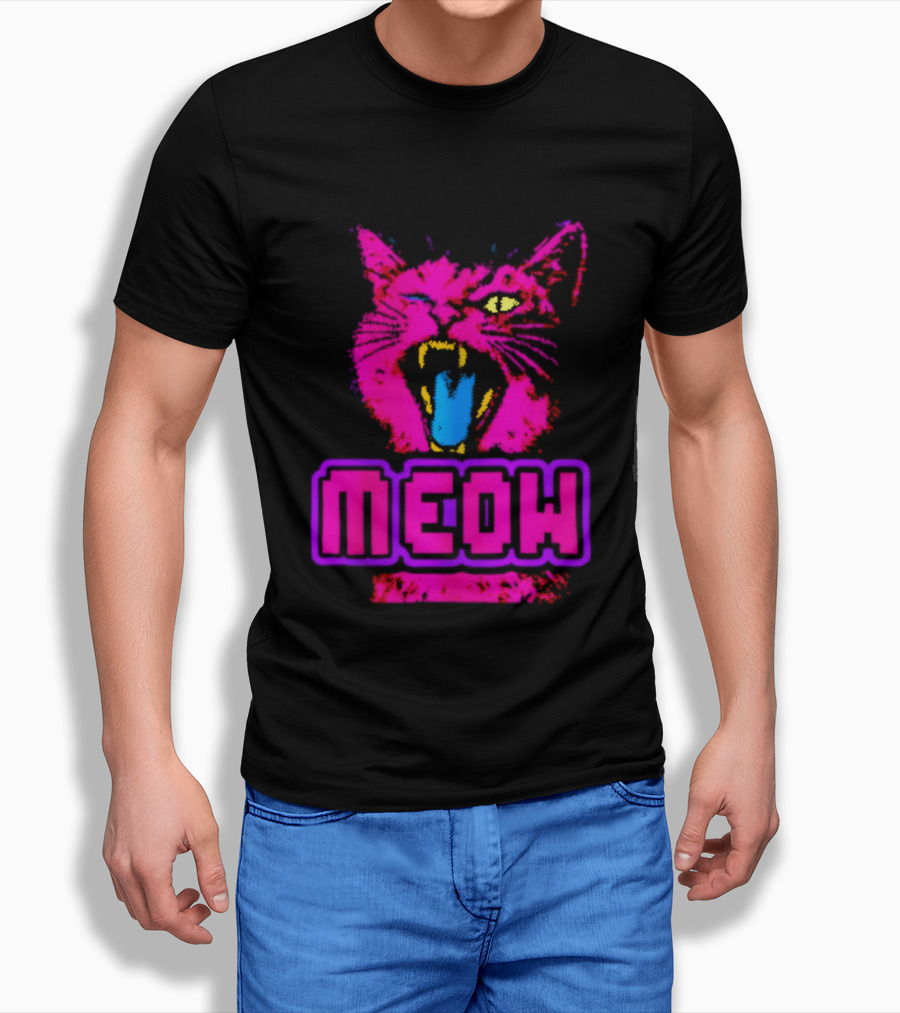 Neon Pink Angry Cat MEOW Cyberpunk Aesthetic Retro Futuristic T-Shirt