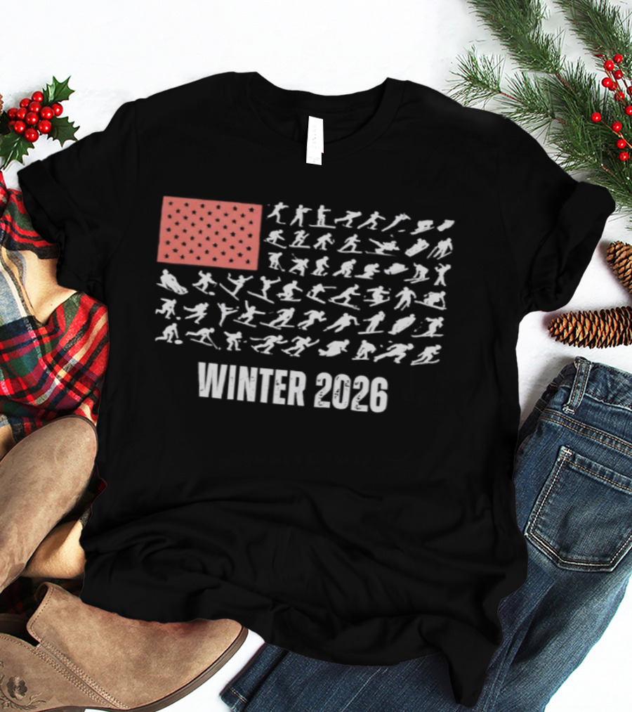 Patriotic USA Winter Sports 2026 Flag Skier Snowboarder T-Shirt