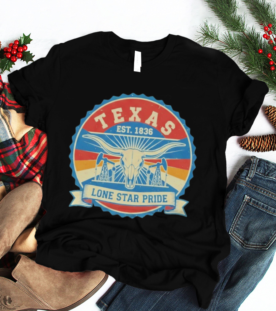 Texas EST 1836 Lone Star Pride Oil Derrick Longhorn T-Shirt