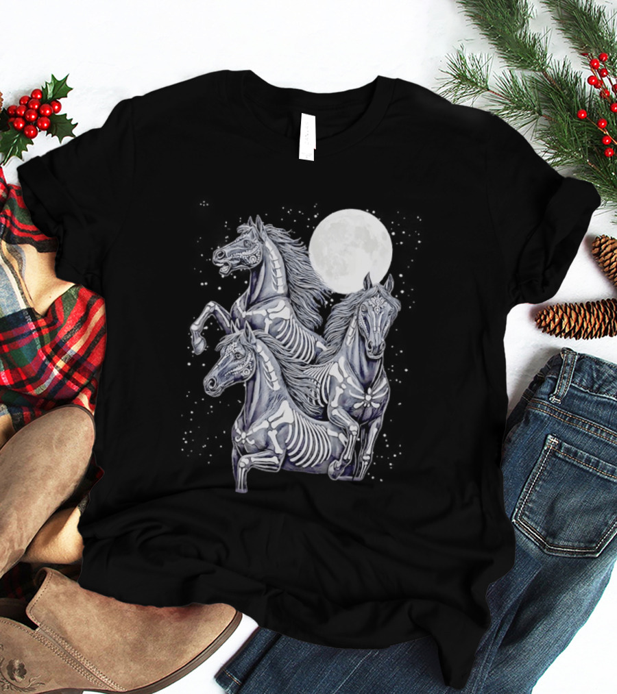 Three Horse Moon Día De Los Muertos Skeleton Horse T-Shirt