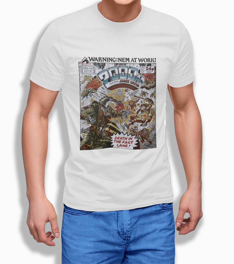 2000 AD Featuring Judge Dredd Death In The Fast Lane Warning Nem At Work Prog 438 Oct 85 T-Shirt
