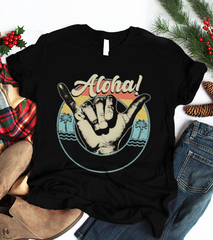 Aloha Shaka Hand Gesture Tropical Sunset With Palm Trees T-Shirt
