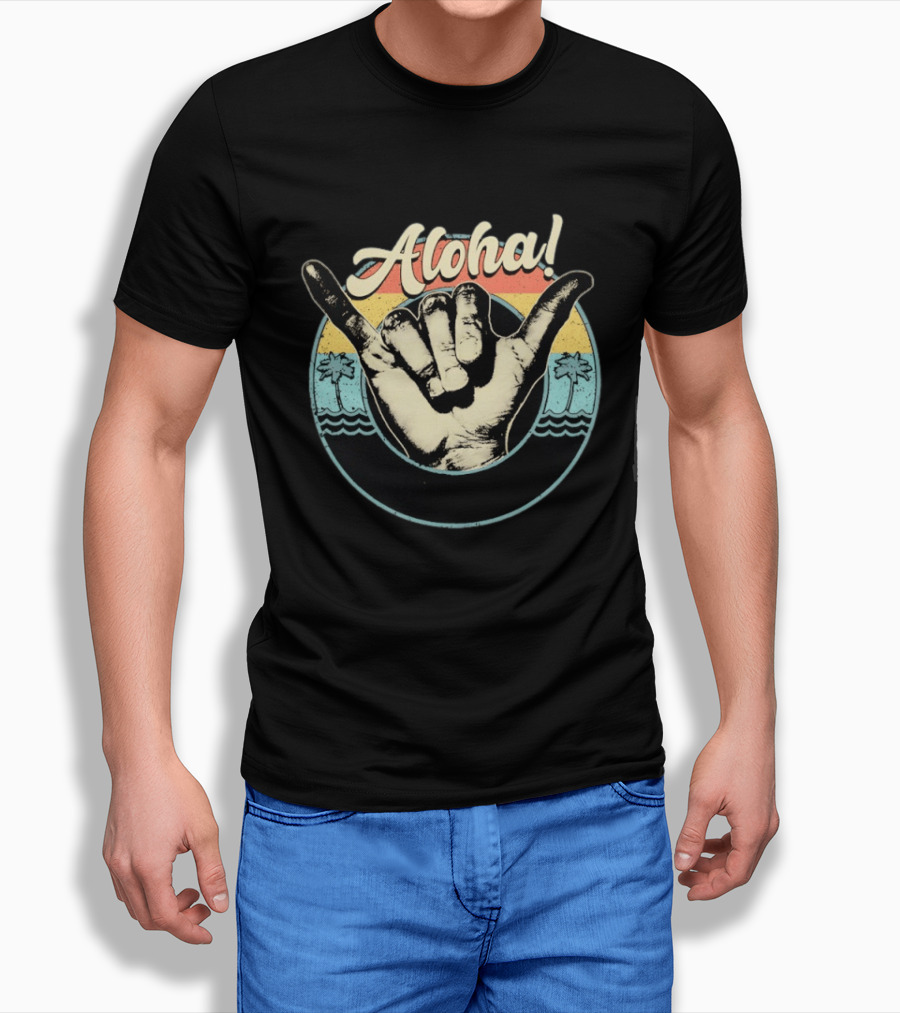 Aloha Shaka Hand Gesture Tropical Sunset With Palm Trees T-Shirt