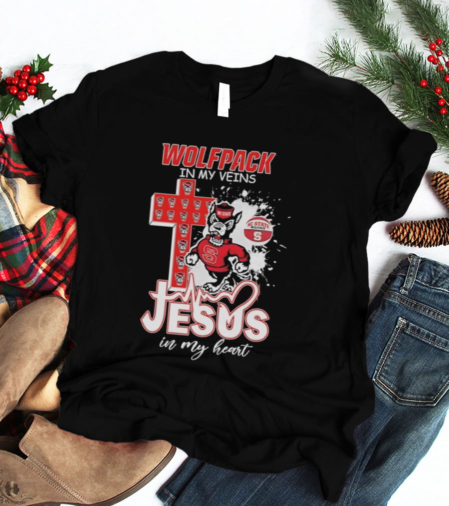 NC State Wolfpack In My Veins Jesus In My Heart Faithful Cross T-Shirt