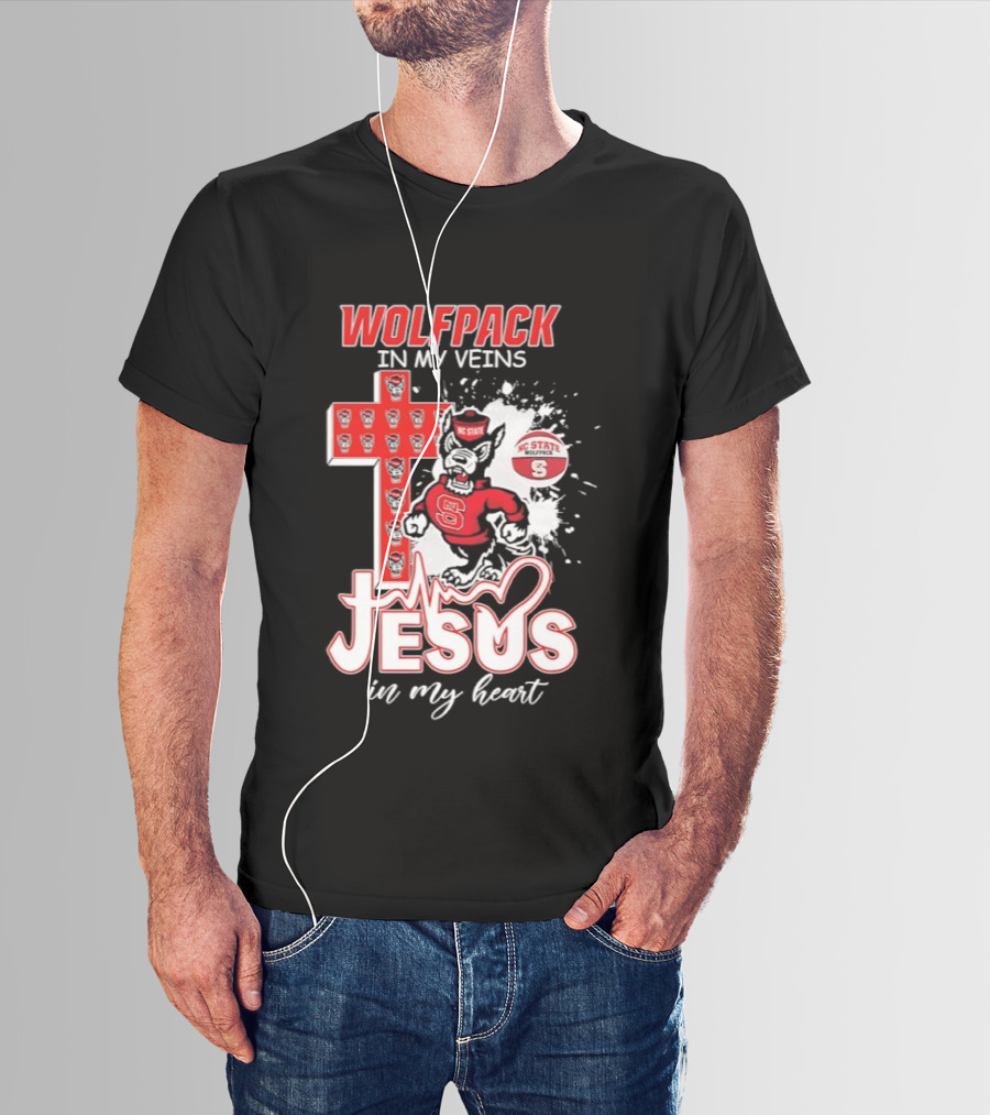 NC State Wolfpack In My Veins Jesus In My Heart Faithful Cross T-Shirt
