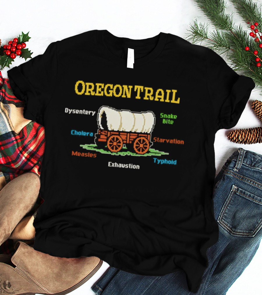 Oregon Trail Dysentery Snake Bite Cholera Starvation Wagon Pixel T-Shirt