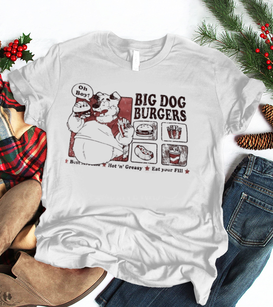 Big Dog Burgers Wolf Eating Cheese Burger Fries Funny Food Cartoon T-Shirt