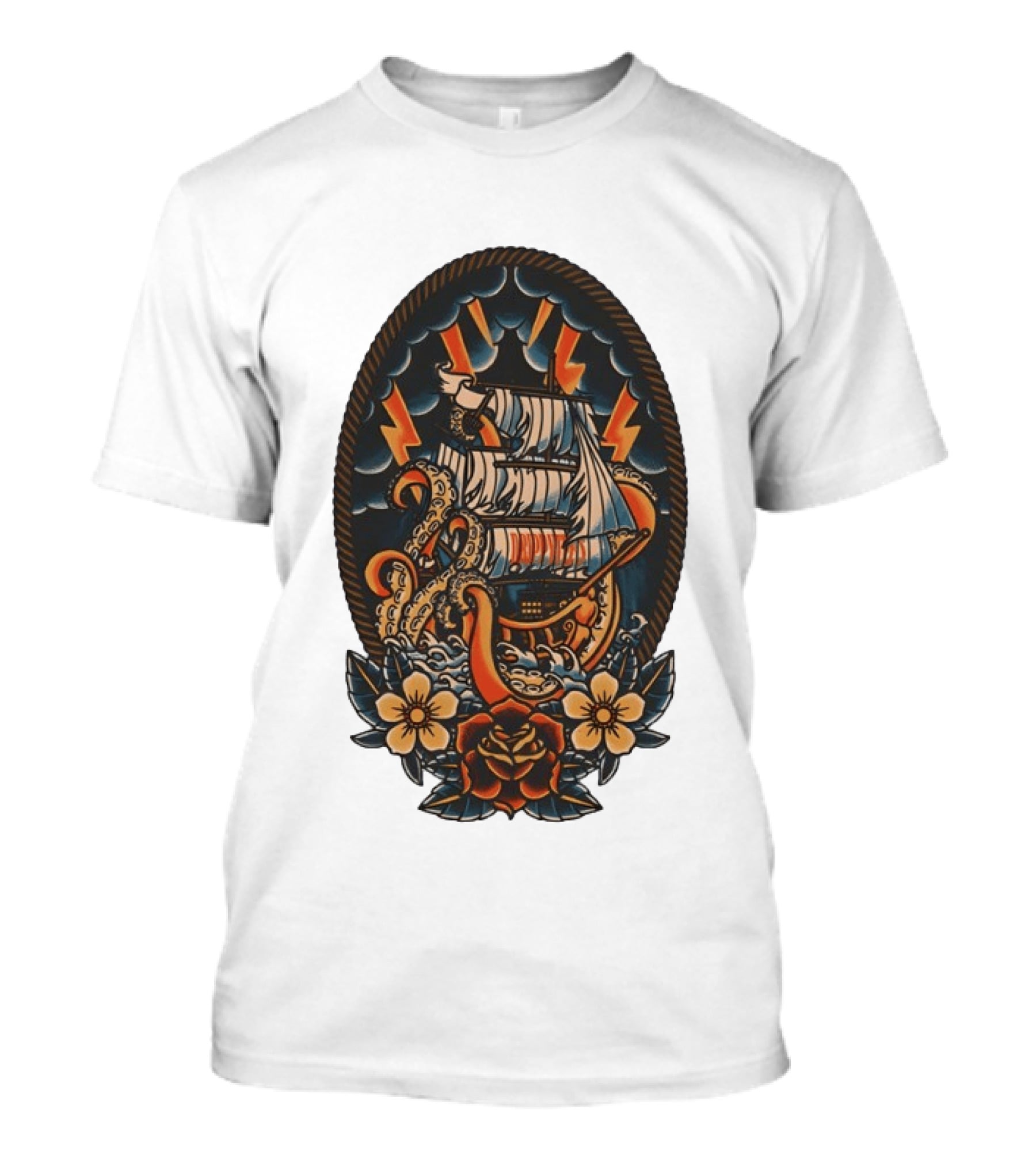Kraken Sailboat Flower American Traditional Lightning Tattoo T-Shirt