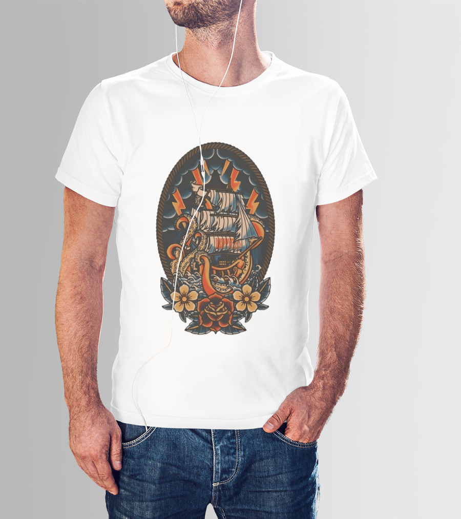 Kraken Sailboat Flower American Traditional Lightning Tattoo T-Shirt