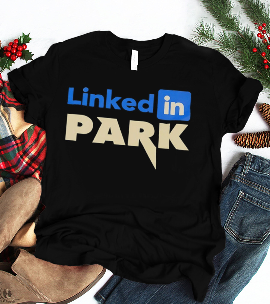 Linked In Park Blocky Font Text In Blue And Beige T-Shirt