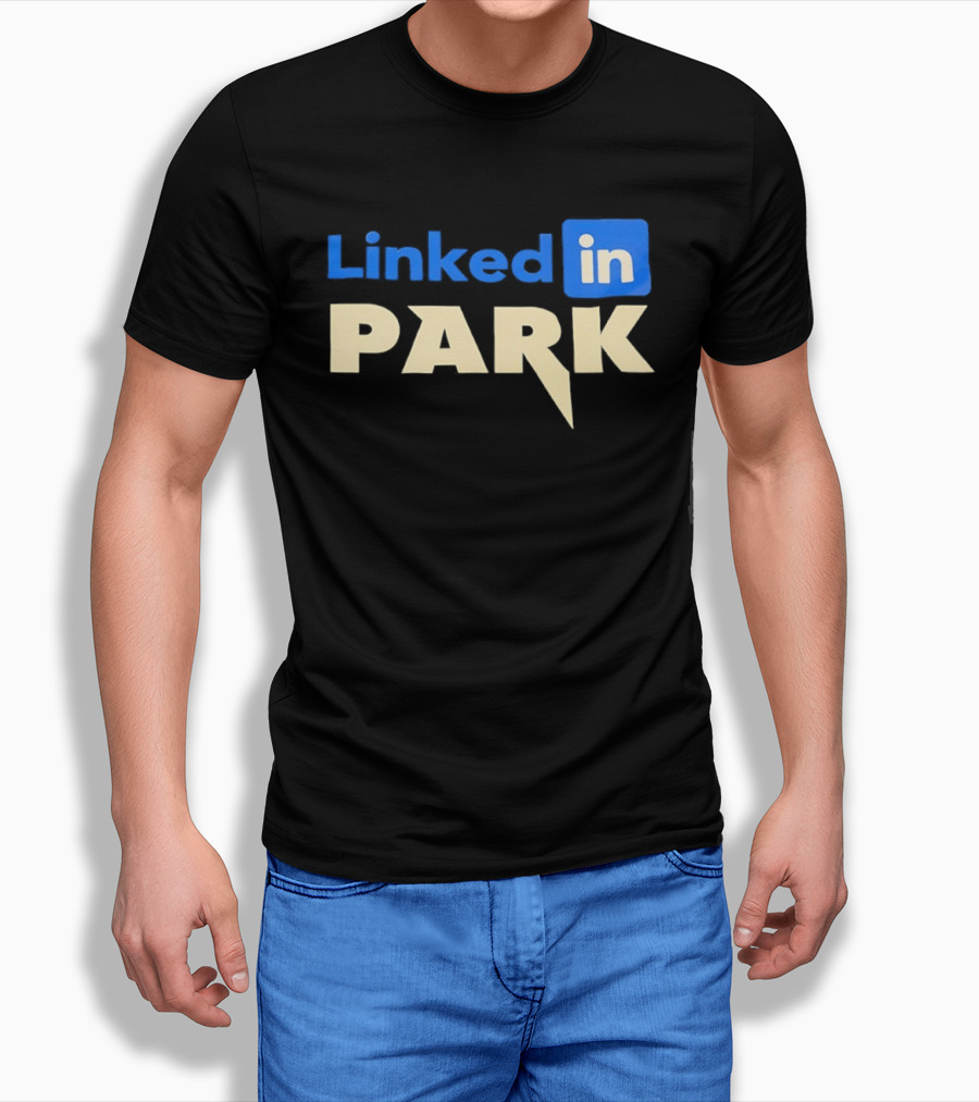 Linked In Park Blocky Font Text In Blue And Beige T-Shirt