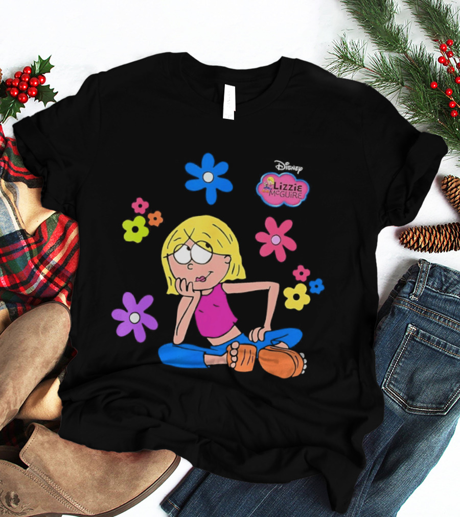Lizzie McGuire Cartoon Colorful Flowers And Character Sitting Clipart T-Shirt