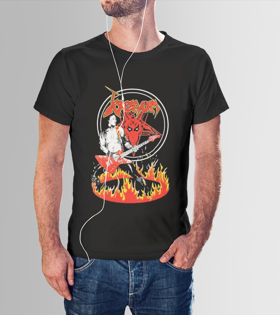 Venom Red Demon Guitarist Flaming Circle T-Shirt