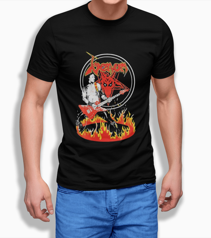 Venom Red Demon Guitarist Flaming Circle T-Shirt