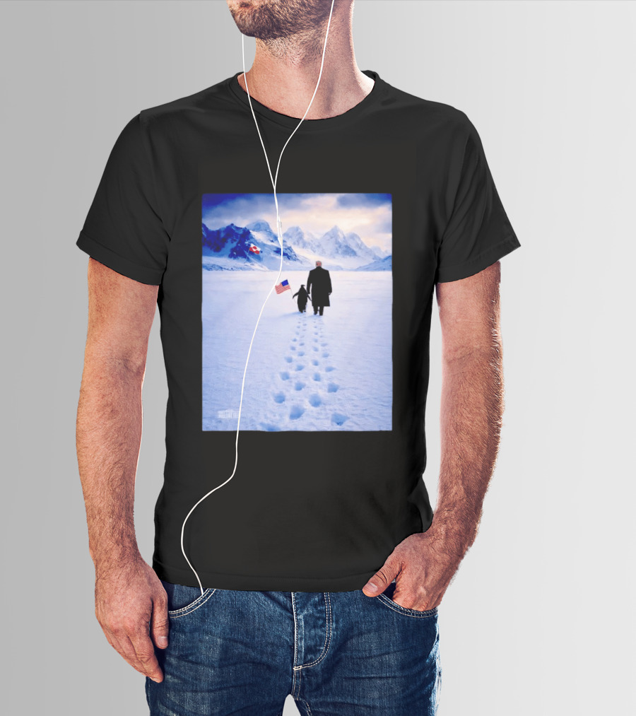 The White House Donald Trump Walking With Penguin American Canadian Flags Snowy Mountains T-Shirt
