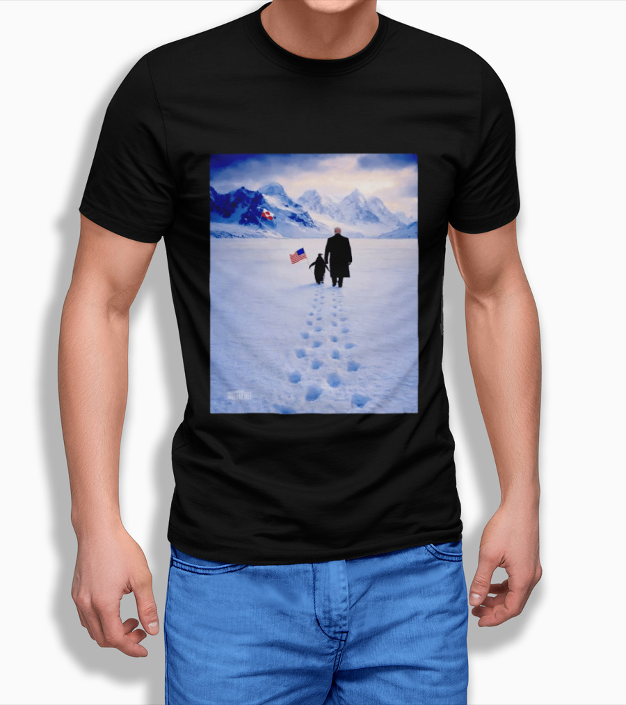 The White House Donald Trump Walking With Penguin American Canadian Flags Snowy Mountains T-Shirt