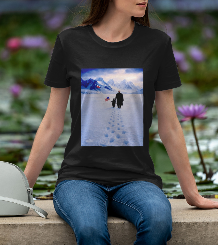 The White House Donald Trump Walking With Penguin American Canadian Flags Snowy Mountains T-Shirt
