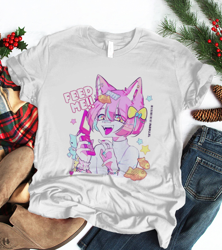 Anime Feed Me Pastel Kawaii Catgirl Eating Fish Cookies T-Shirt