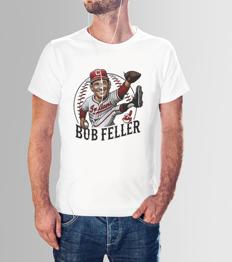 Bob Feller Cleveland Indians Baseball Pitcher Caricature T-Shirt