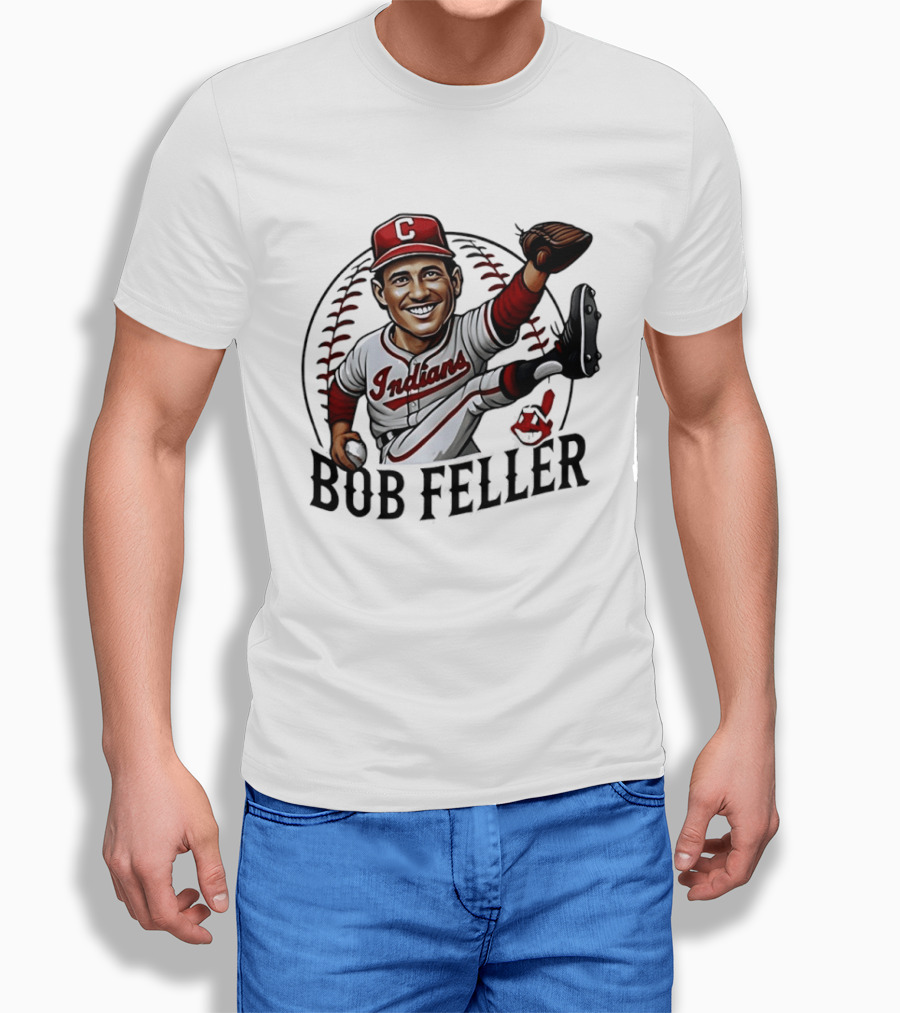 Bob Feller Cleveland Indians Baseball Pitcher Caricature T-Shirt