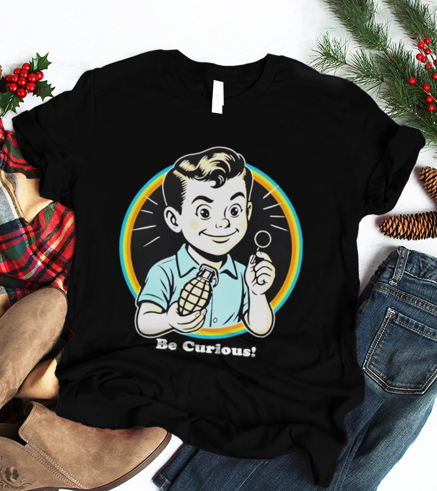 Be Curious Retro Comic Style Boy Holding Grenade And Pin T-Shirt