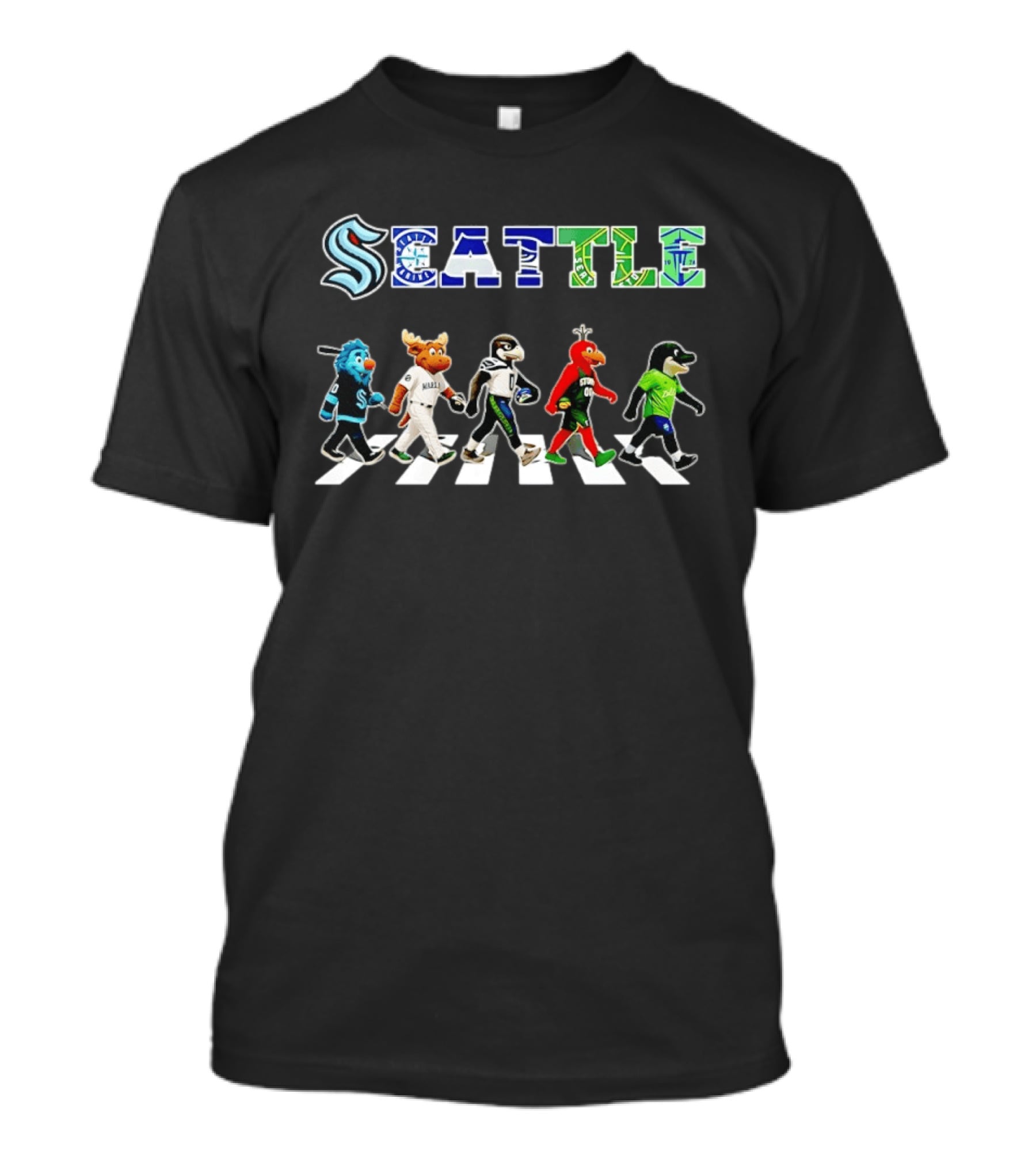 Seattle Mariners Kraken Seahawks SuperSonics Sounders FC Mascot Walk T-Shirt