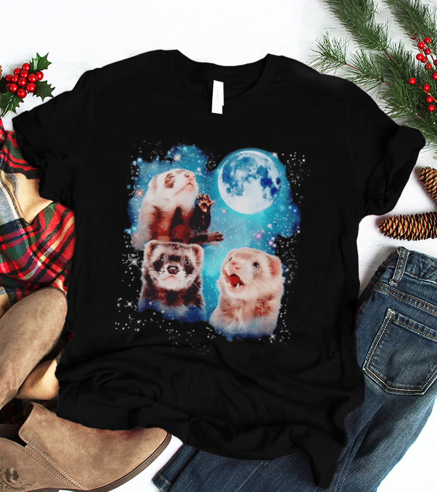 Ferret Trio With Full Moon And Starlit Sky T-Shirt
