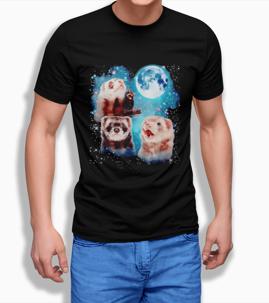 Ferret Trio With Full Moon And Starlit Sky T-Shirt