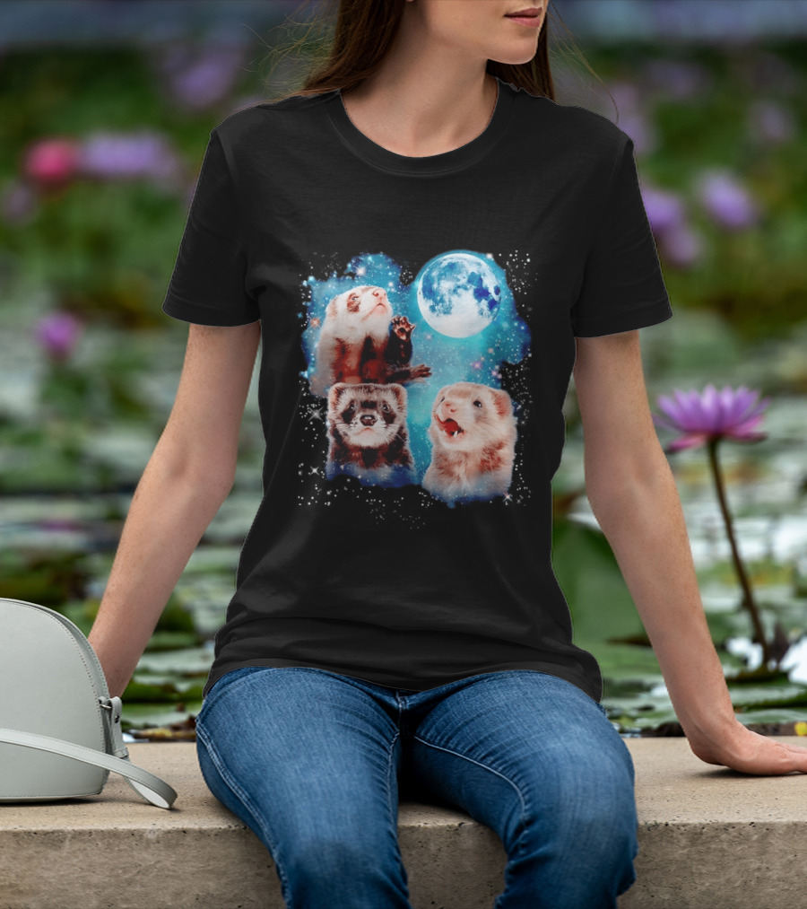 Ferret Trio With Full Moon And Starlit Sky T-Shirt