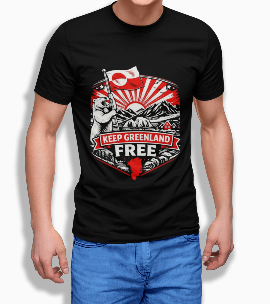 Polar Bear Holding Flag Keep Greenland Free Mountains And Sunburst T-Shirt