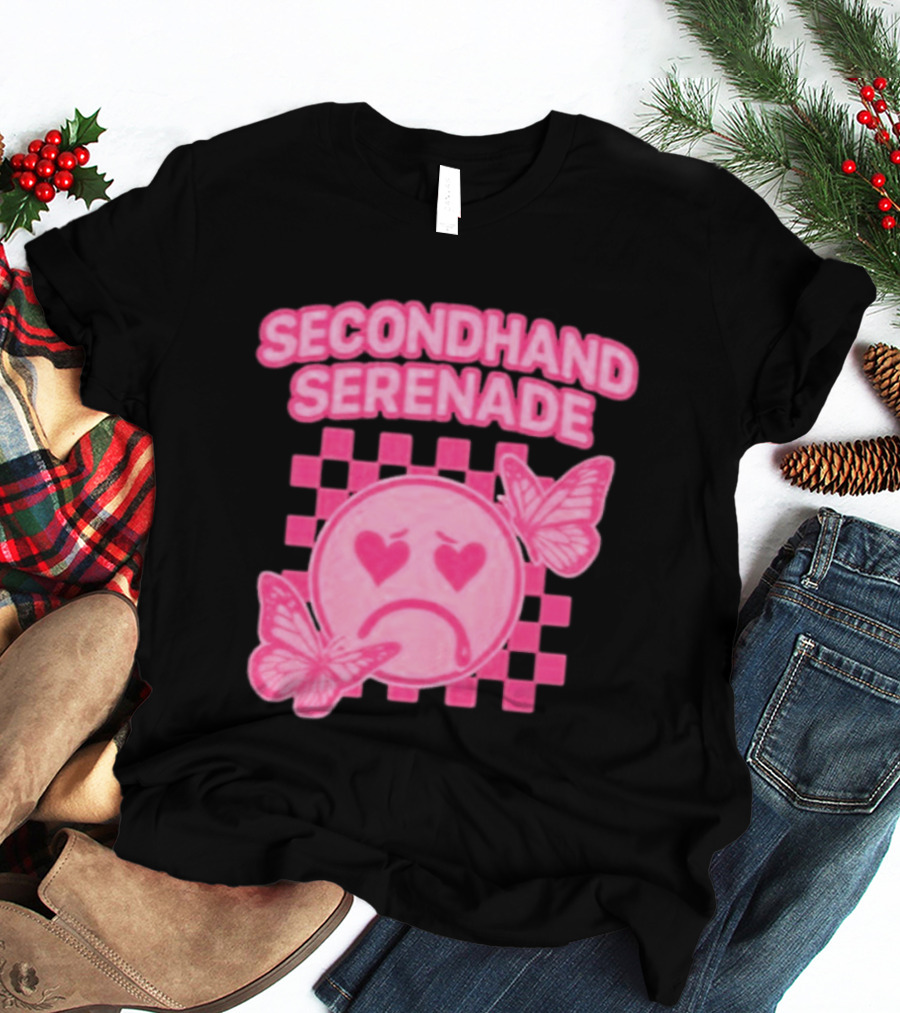 Secondhand Serenade Sad Emo Pink Heartbroken Face With Butterflies T-Shirt