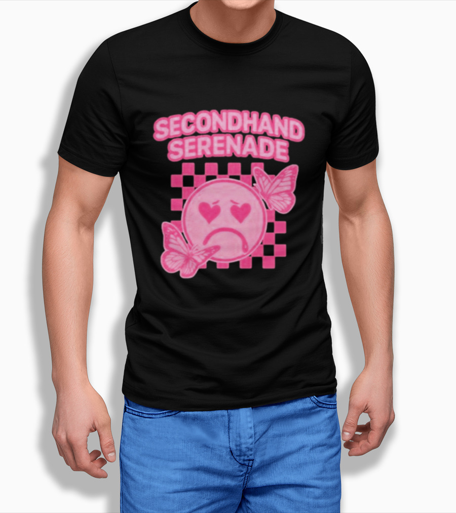Secondhand Serenade Sad Emo Pink Heartbroken Face With Butterflies T-Shirt