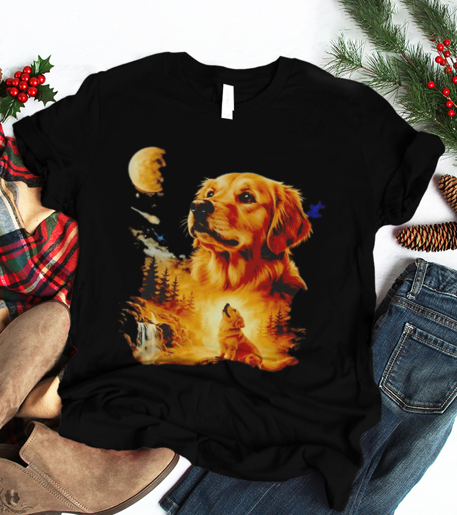 Golden Retriever Majestic Night Howl At Moonlit Waterfall T-Shirt