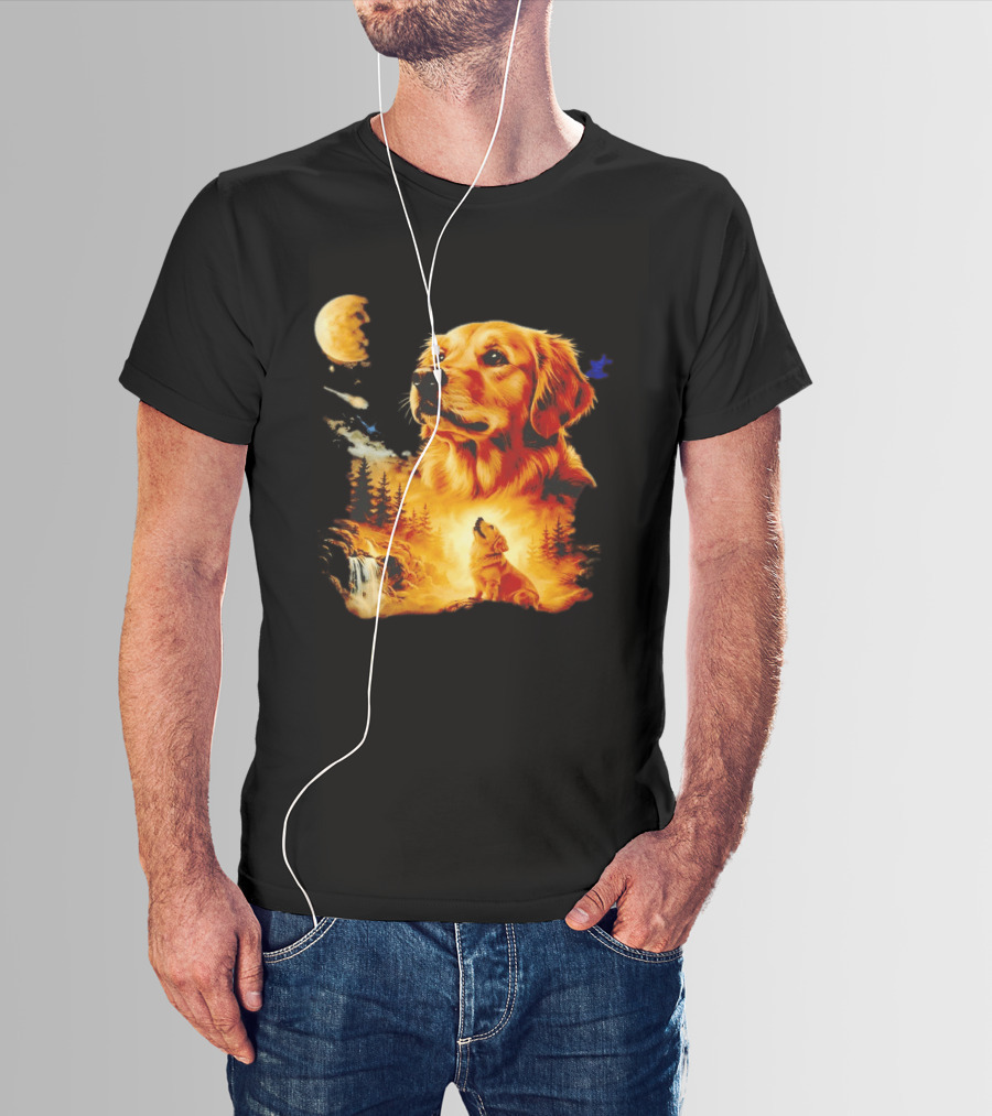 Golden Retriever Majestic Night Howl At Moonlit Waterfall T-Shirt