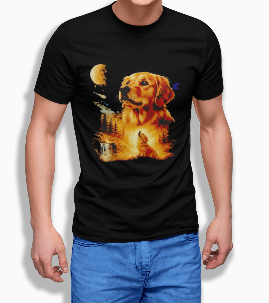 Golden Retriever Majestic Night Howl At Moonlit Waterfall T-Shirt