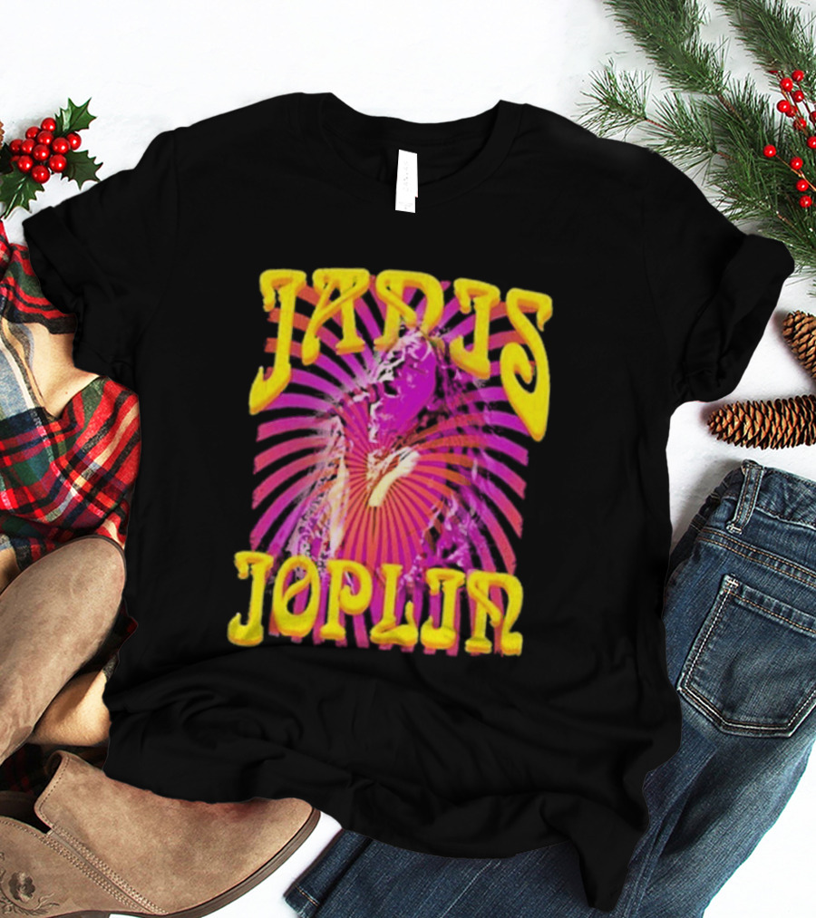Janis Joplin Psychedelic Swirl Vibrant Yellow Text Pink Burst T-Shirt