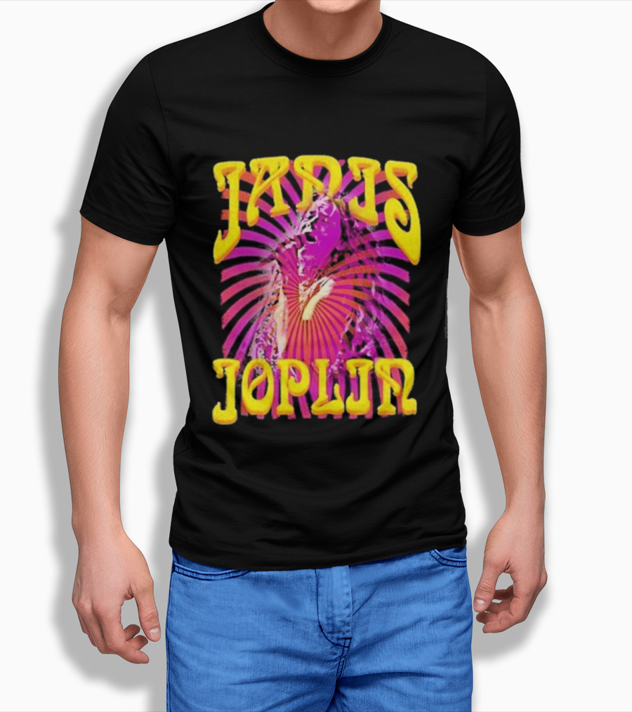 Janis Joplin Psychedelic Swirl Vibrant Yellow Text Pink Burst T-Shirt