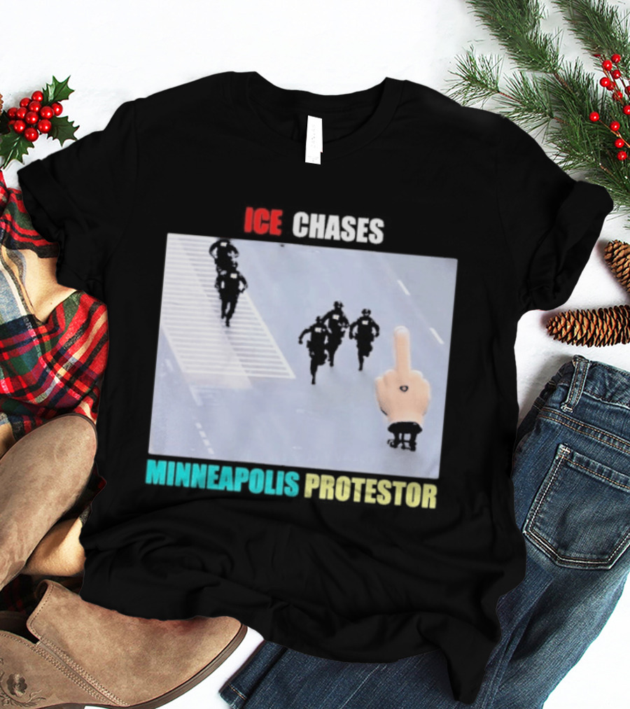 ICE Chases Minneapolis Protestor Middle Finger Gesture T-Shirt