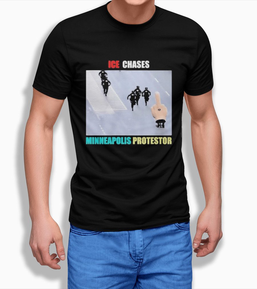 ICE Chases Minneapolis Protestor Middle Finger Gesture T-Shirt