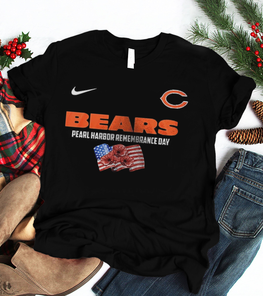 Nike Chicago Bears We Remember Pearl Harbor American Flag Poppies T-Shirt